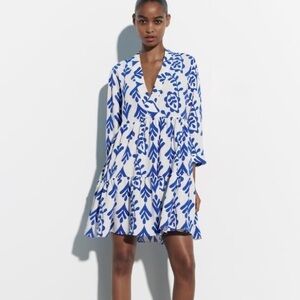 Zara White & Blue Abstract Vine Printed Tiered Mini Dress